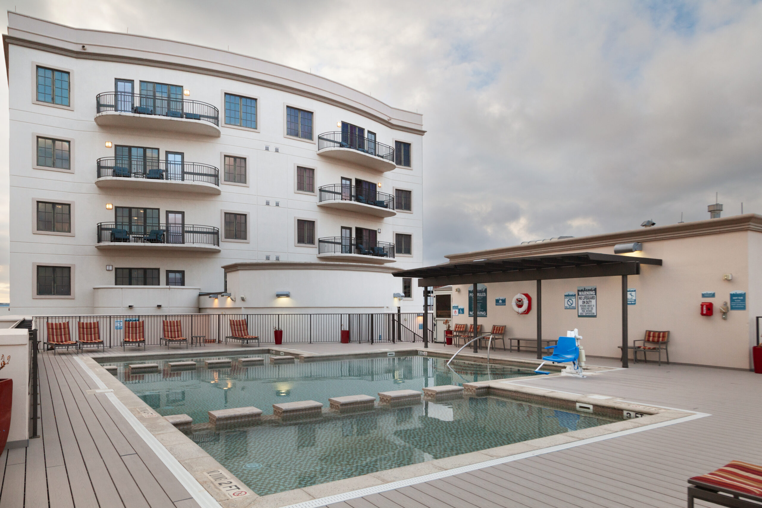 Wyndham La Cascada resort building viewed across the completed pool deck