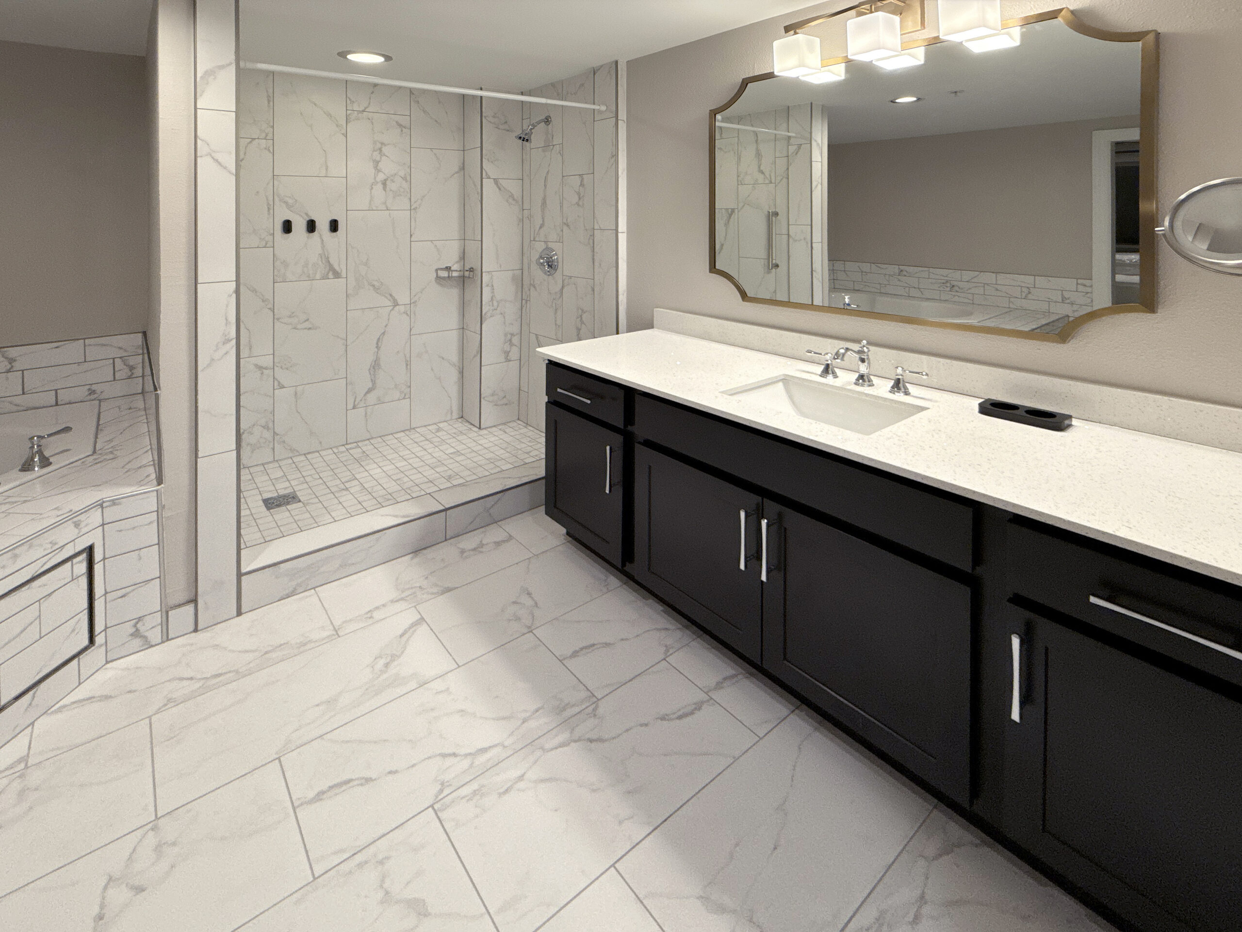 Renovated marble bathroom at Wyndham Old Town Alexandria with walk-in shower and double vanity