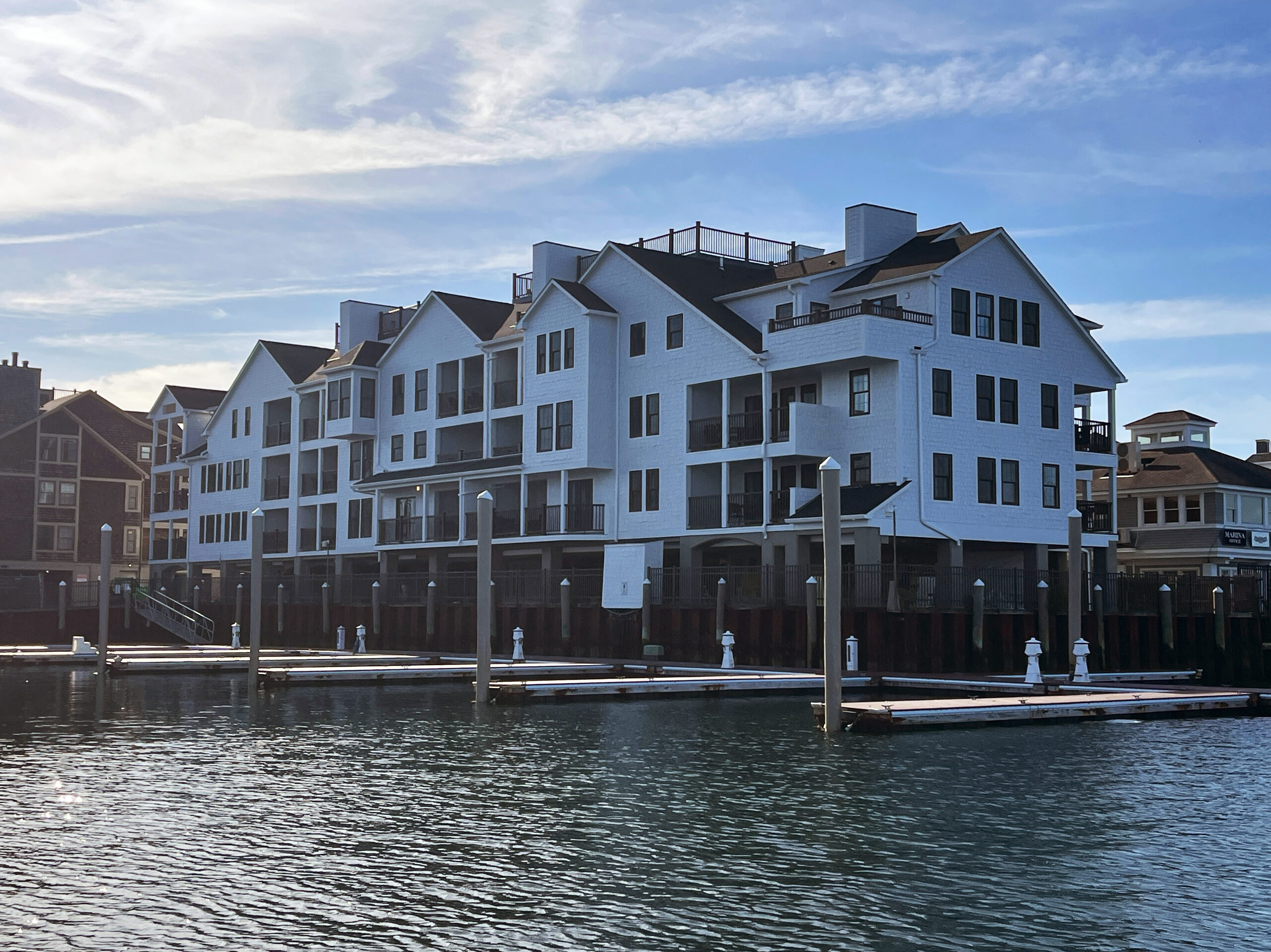 Wyndham Onshore Newport waterfront elevation seen from the water with private docks